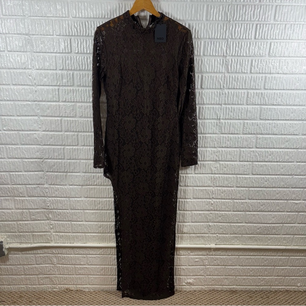 NBD Lace Everleigh Gown Chocolate Brown Long Sleeve Maxi Dress Large NWT - Picture 3 of 7